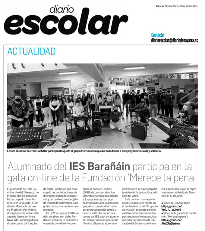 Recorte de la noticia: Alumnado del IES Barañáin participa en la gala on-line de la Fundación